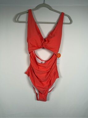 NWT Charmo Twist-Front Cutout One-Piece Swimsuit in Coral